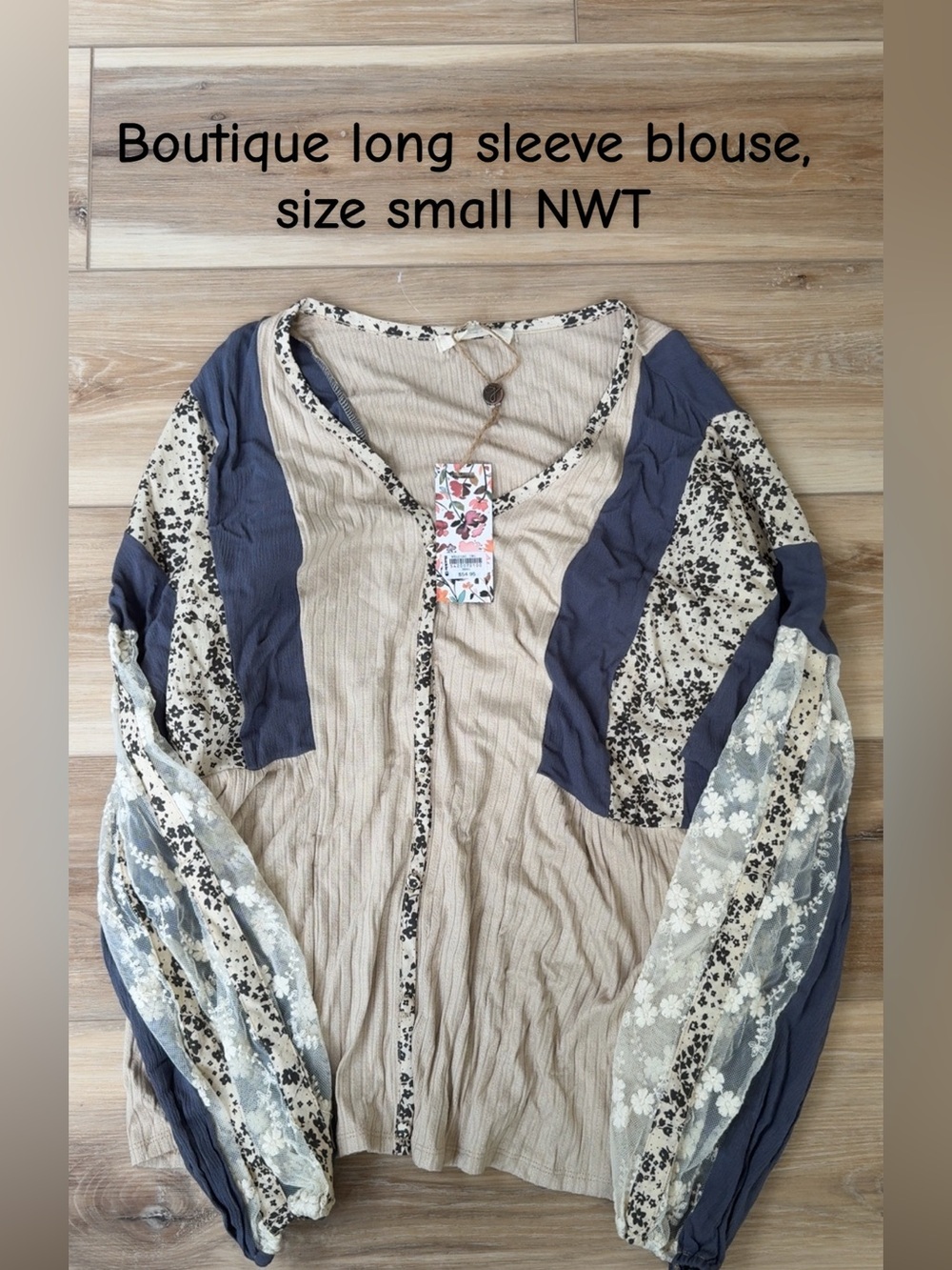 Beige & Blue Floral Long Sleeve Blouse - Small